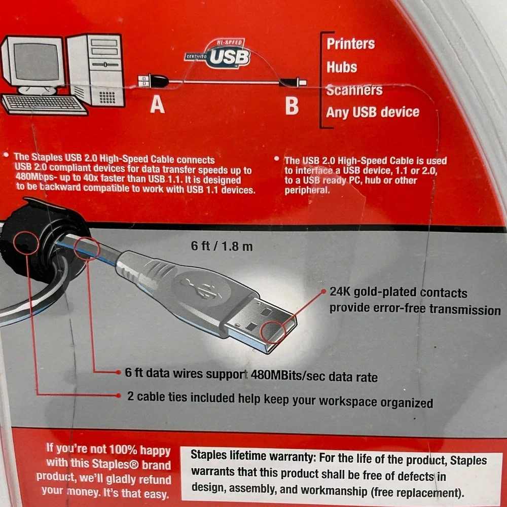 Staples USB 2.0 High Speed Cable 6 ft Black Includes 2 Cable Ties NEW IN PACKAGE